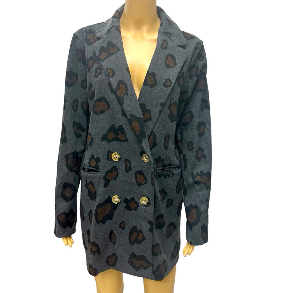 Strut and Bolt Charcoal Leopard Animal Print Long Blazer Jacket Womens Medium